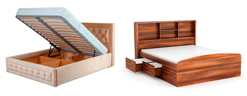 Two images of storage beds, one with mattress lifting and the other with drawers underneath